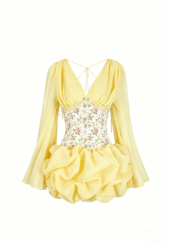Yellow Floral Corset Mini Dress with Bell Sleeves and Puffy Skirt R9179
