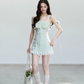 Light Blue Lace Trim Cami Mini Dress Women With Ruffled Neckline And Embroidered Details R9412