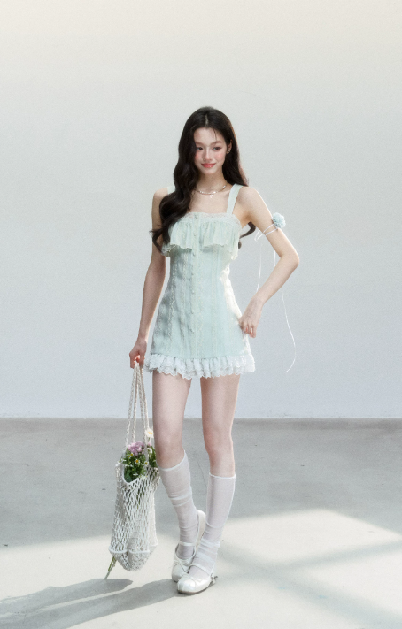 Light Blue Lace Trim Cami Mini Dress Women With Ruffled Neckline And Embroidered Details R9412