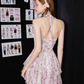 Soft Girl Coquette Halter Neck Purple Rose Pattern Slim Fit Tiered Hem Mini Dress R9314