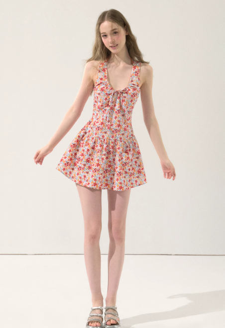 Red Floral Halter Mini Dress With Bow Detail And Flounce Skirt R9281