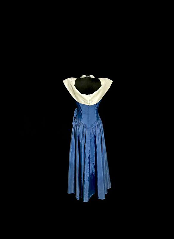 Blue satin fitted A-line ball gown R6609