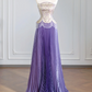 Purple floral strapless cinched waist long ball gown with pleated skirt R8249