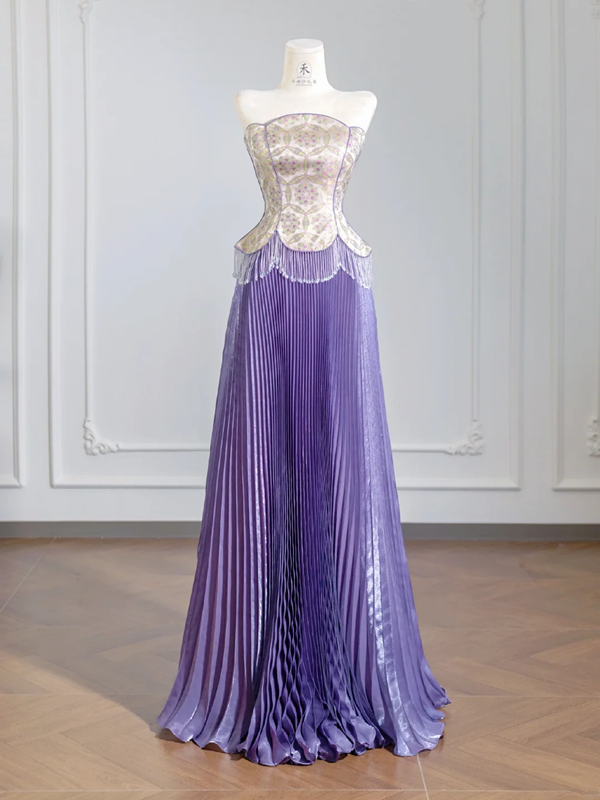 Purple floral strapless cinched waist long ball gown with pleated skirt R8249