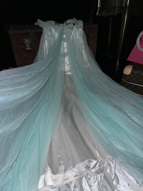 Light blue high-waisted fitted long ball gown R7048