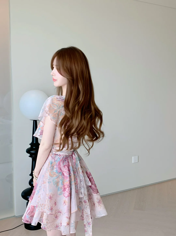 Pink floral V-neck slim waist A-line chiffon skirt R5032