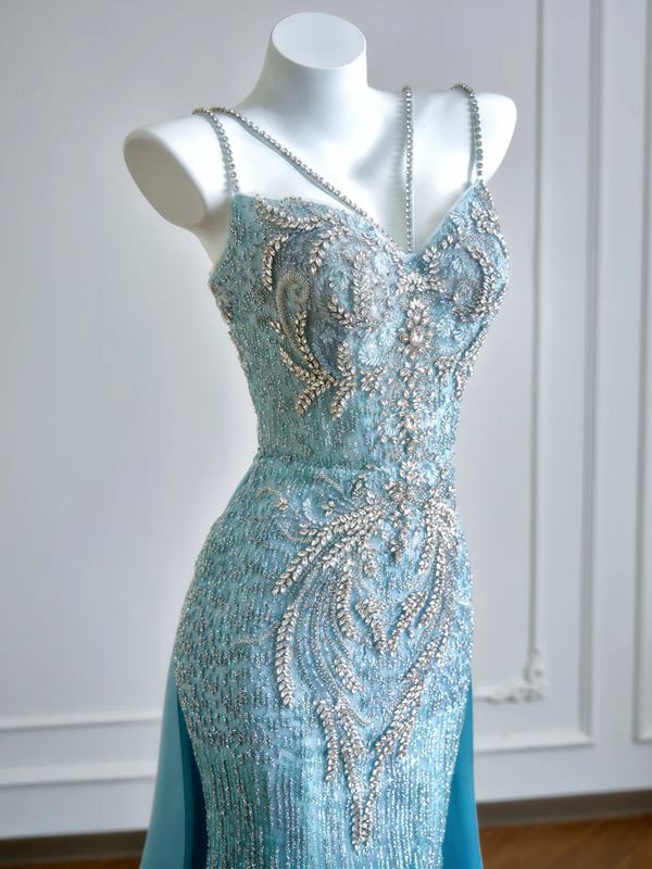 Light blue halter-neck fitted waist bodycon sexy long ball gown R8194