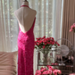 Rose pink halter neck backless sexy long ball gown R7755