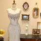 White Spaghetti-Strap Crystal-Embellished Neckline Waist-Cinched Slim-Fit Bodycon Sexy Ball Gown, Bridal Gown R7128