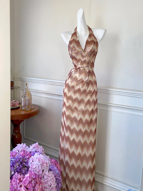 Pinkish-brown halter neck fitted waist long ball gown R6888