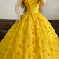 Yellow Spaghetti-Strap Waist-Cinched Puffy-Hem Ball Gown, Bridal Gown R7322
