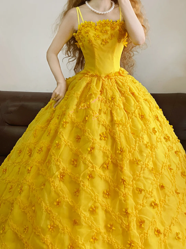 Yellow Spaghetti-Strap Waist-Cinched Puffy-Hem Ball Gown, Bridal Gown R7322