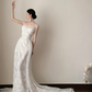 White lace strapless, waist-cinched, slim-fit elegant long prom dress R7955