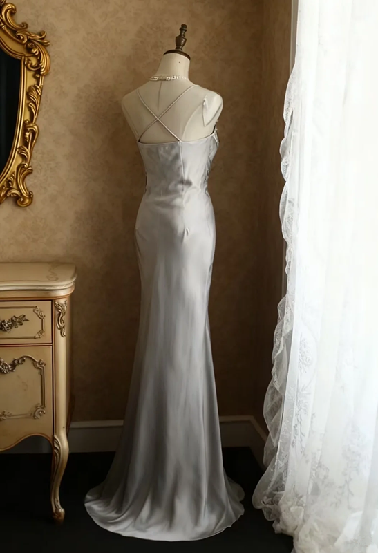 Grey halter-neck rhinestone fitted long ball gown R6689