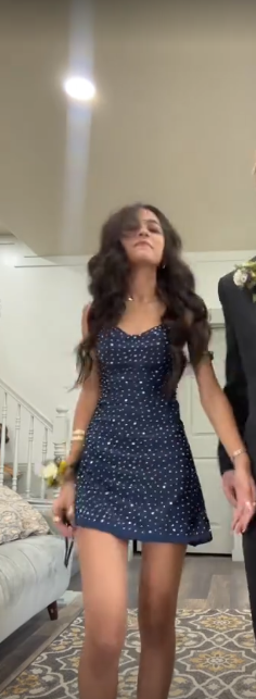 Navy blue suspender diamond waist slim A-line short skirt homecoming dress R5538