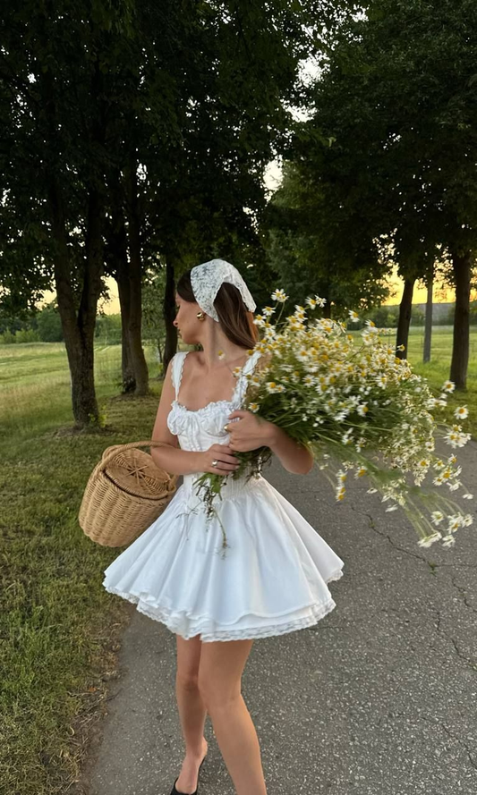 White suspender waist slim A-line short skirt homecoming dress R5459