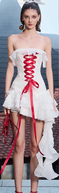 White ruffled tube top waist slim fit vivid cute short skirt homecoming dress R4670