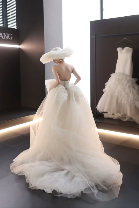 White tube top elegant waist slim tulle skirt hem bridal dress R6050