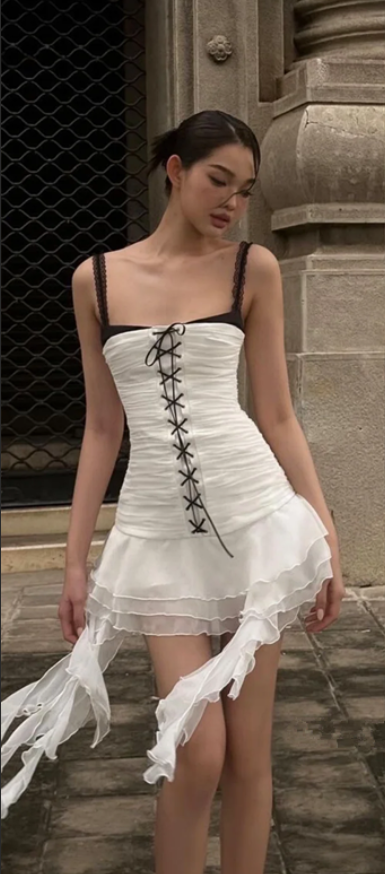 White sweet cool hot girl suspender skirt pleated waist slim irregular skirt short skirt homecoming dress R4710