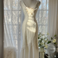White V-neck, sexy, fitted waist, elegant long ball gown R7684