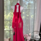 Pink halter-neck fitted bodycon long ball gown R7604