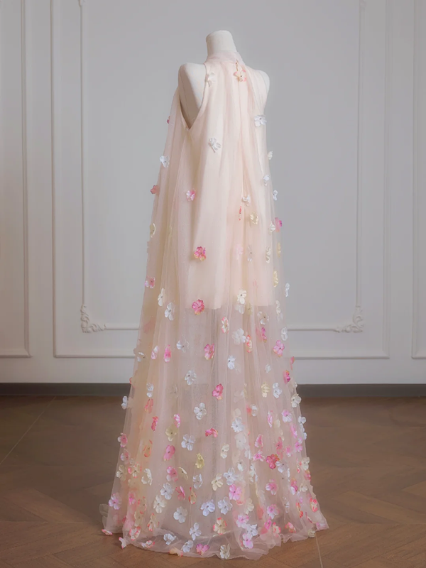 Pink sleeveless 3D floral straight long ball gown R8229