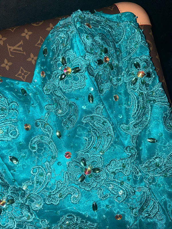 Lake blue strapless fitted waist slim-fitting tassel skirt fairy ball gown R6928