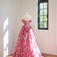 Pink floral print strapless fitted waist ball gown with a full skirt, long ball gown, bridal dress R8454