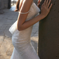 Silver halter-neck, fitted waist, backless, sexy long ball gown, bridal dress R8642