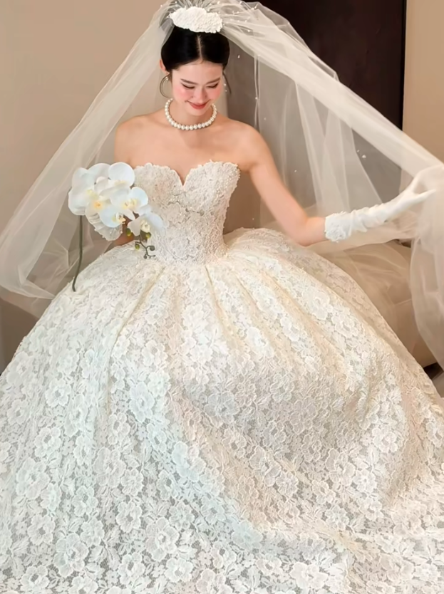 White strapless lace waist slim elegant puffy skirt long dress bridal dress R6030