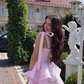 Pink suspender tie waist slim fit puffy skirt homecoming dress R5439