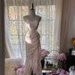 Light pink floral print halter-neck fitted bodycon long ball gown R7724