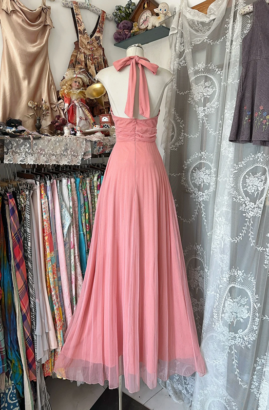 Pink halter neck waist A-line elegant long ball gown R6210