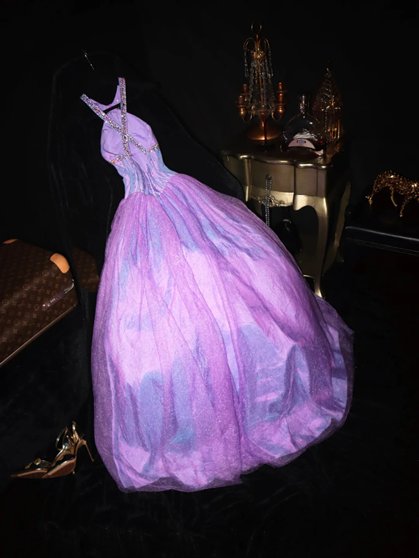 Purple halter-neck, fitted waist, sexy and charming long ball gown R6968