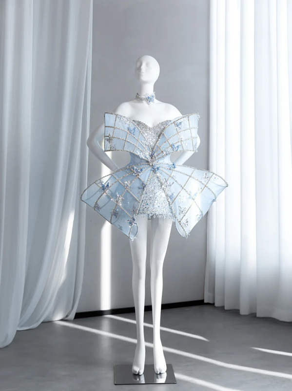 Light blue strapless fitted long train ball gown, bridal dress R8855