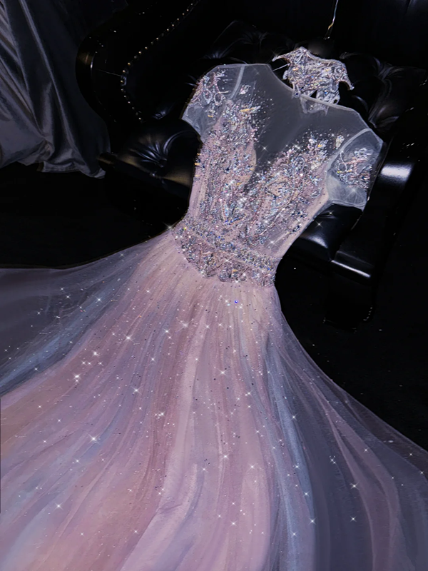 Light purple sequined fitted long ball gown with a cinched waist and full skirt R8735
