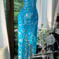 Light blue halter-neck fitted long sequined ball gown R7643