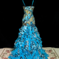Blue retro floral halter-neck fitted bodycon long ball gown R8672