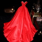 Red halter-neck, fitted waist, elegant long ball gown R7008