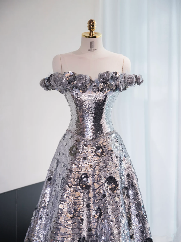Silver off-the-shoulder fitted long ball gown R8975