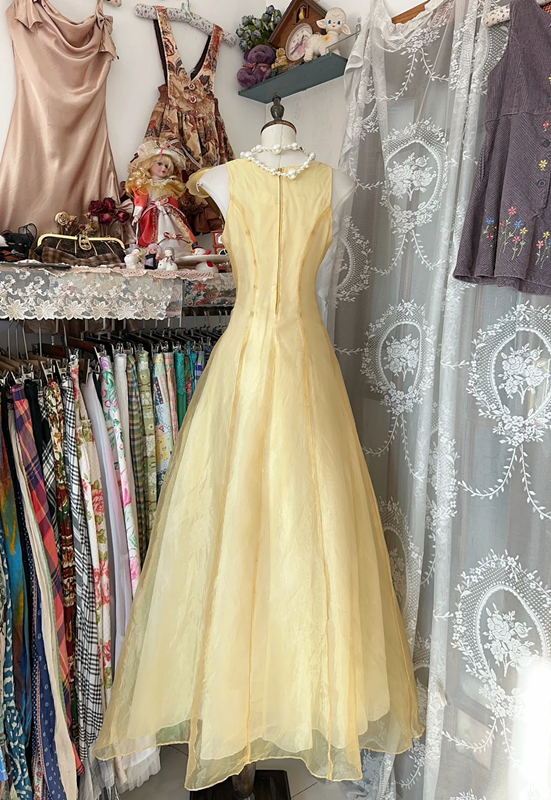 Yellow sleeveless fitted A-line maxi dress, ball gown R6289