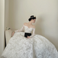 White lace off‑the‑shoulder, waist‑cinching, slim‑fit, long ball gown with a fluffy skirt, wedding dress R7994