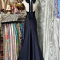 Navy blue halterneck satin waist slim fishtail sexy long ball gown R6170