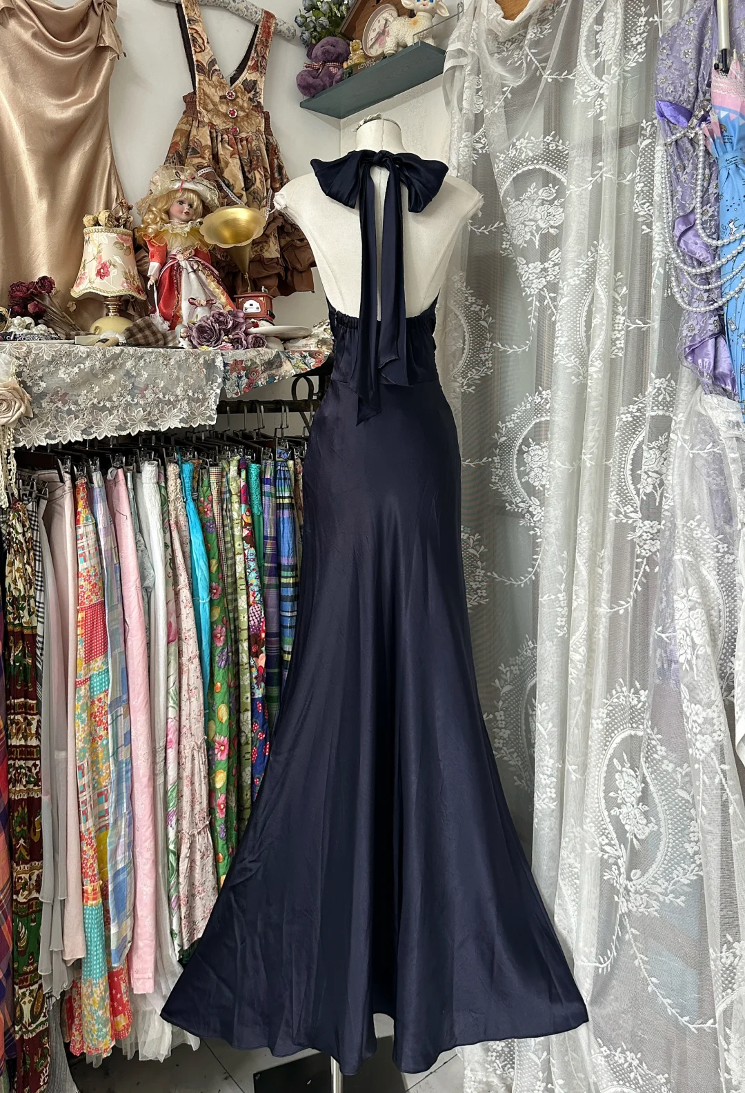Navy blue halterneck satin waist slim fishtail sexy long ball gown R6170