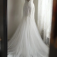 White lace neckline, fitted waist, bodycon long ball gown, bridal gown R6729