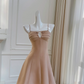 Light brown suspender waist slim A-line mid-length skirt homecoming dress R5219