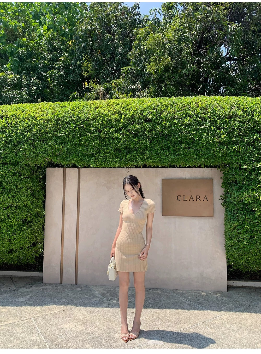 Casual Minimalist Ribbed Bodycon Mini Dress V-Neck Solid Color Knit R9189