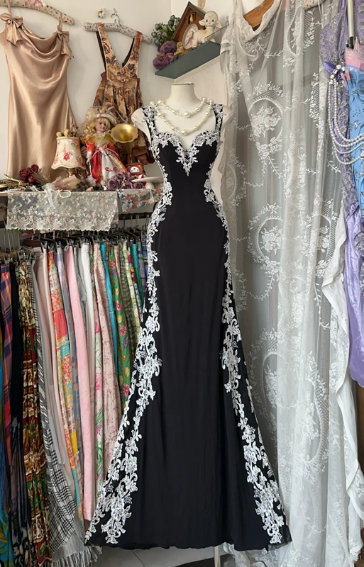 Black suspender waist slim sexy white lace maxi ball gown R6130