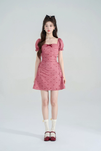Sweet Dusty Pink Ruched Mini Dress, Women's Puff Sleeve Sweetheart Neck with Bow Detail Dress R9334