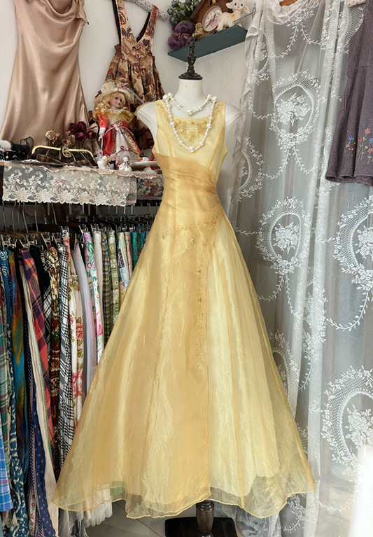 Yellow sleeveless fitted A-line maxi dress, ball gown R6289